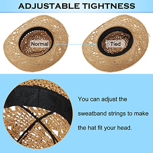 Image of Men & Women's Summer Cowboy Cowgirl Straw Hat Hollow Out Woven Roll Up Wide Brim Sun Hat with Chin Strap