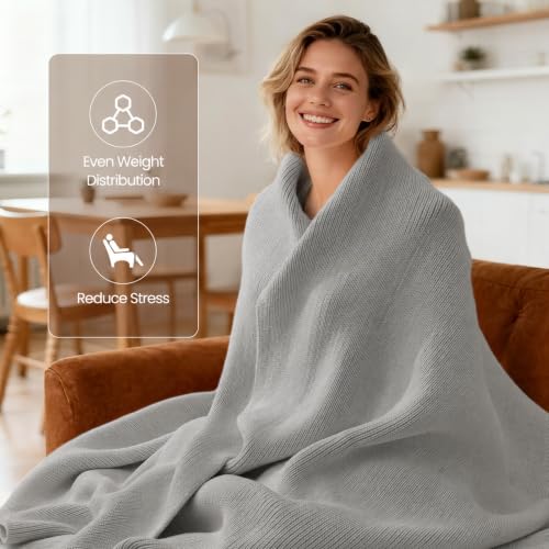 Image of Knitted Weighted Blanket for Adults, Gray 62 inchx90 inch 16lbs | Chunky Knit Heavy Cotton Blanket,Gifts for Women Mom Birthday Gifts Presents,Cooling,Breathable,Sustainable,Machine Washable