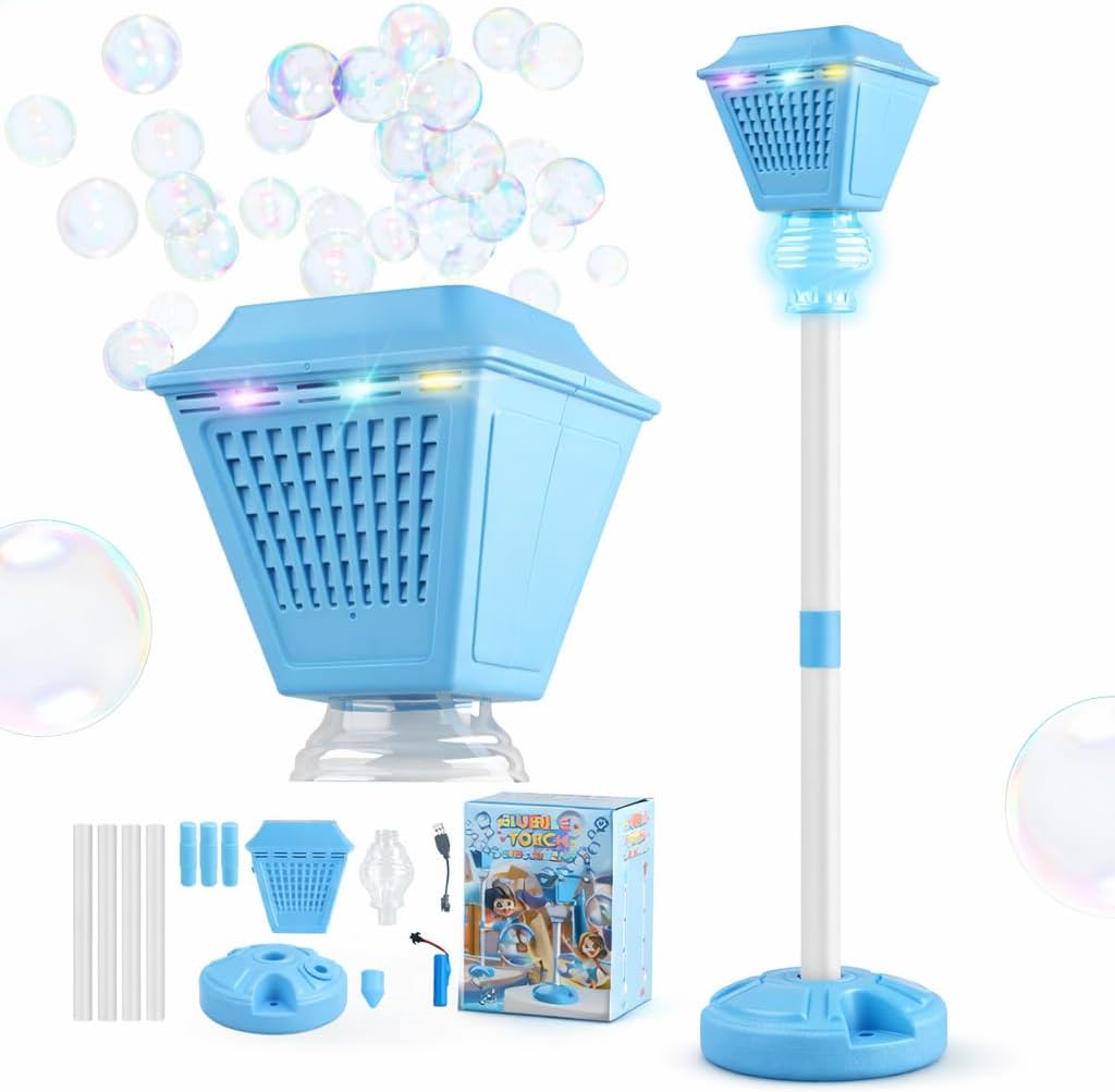 Bubble Lamp Stand Plays Music - Street Lamp Bubble Tower with Lights - Rechargeable Standing Bubbles Maker, Adjustable Height for Garden, Party & Events (Blue)