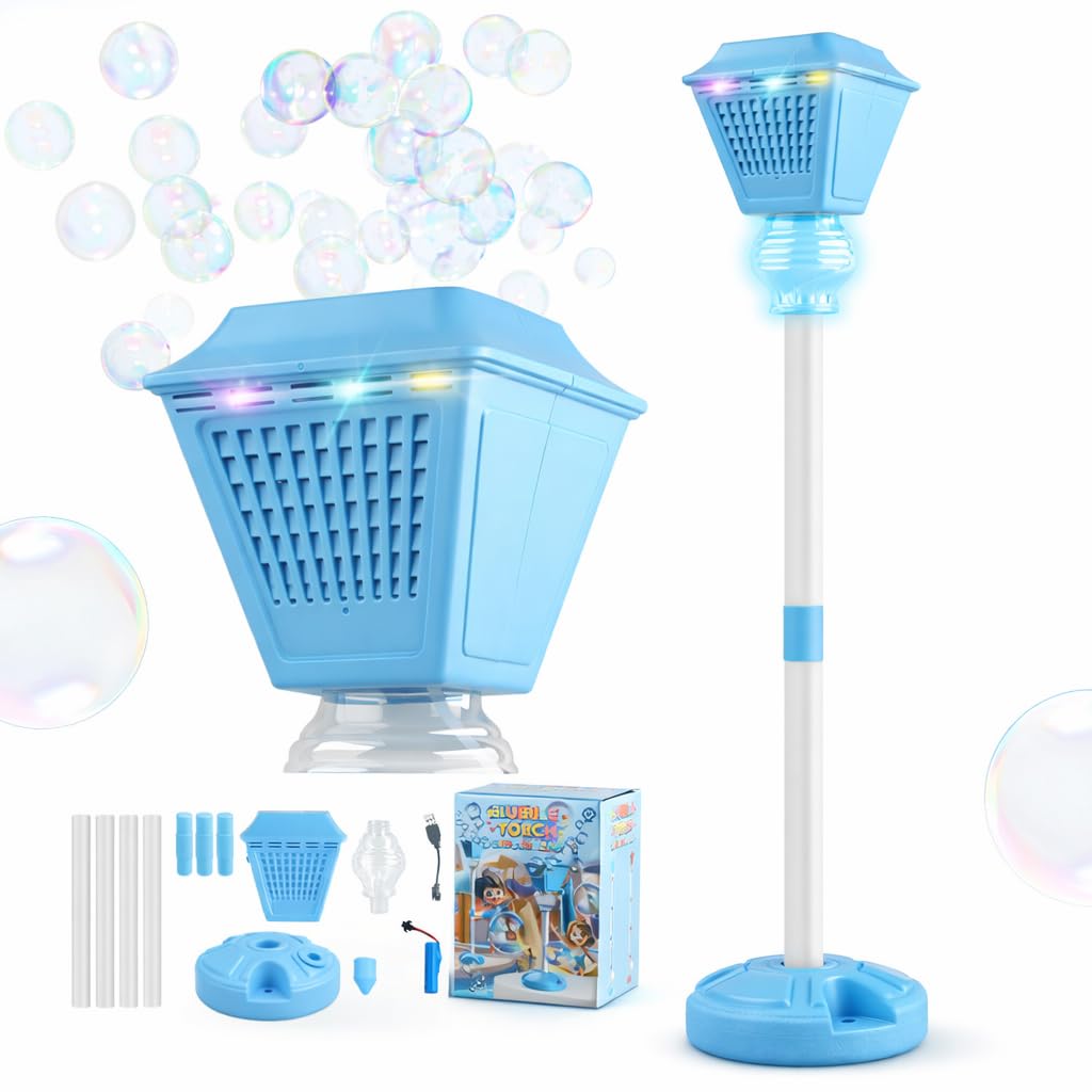 Bubble Lamp Stand Plays Music, Street Lamp Bubble Tower with Lights, Rechargeable Standing Bubbles Maker, Adjustable Height for Garden Party Events