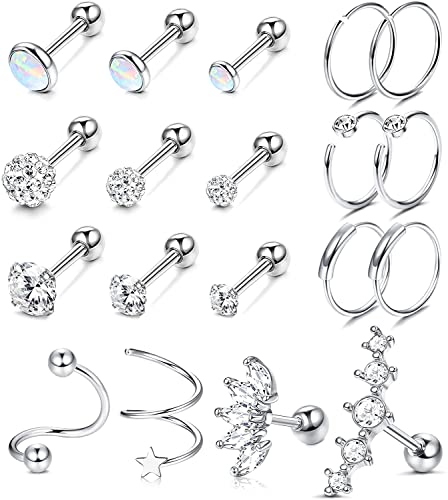 Milacolato 19 Pièces Piercing Tragus Cartilage Boucle d'oreille Stud Hoop 16G 316L en Acier Inoxydable Piercing Anneaux Cartilage Oreille Helix Conch Piercing Bijoux pour Femmes
