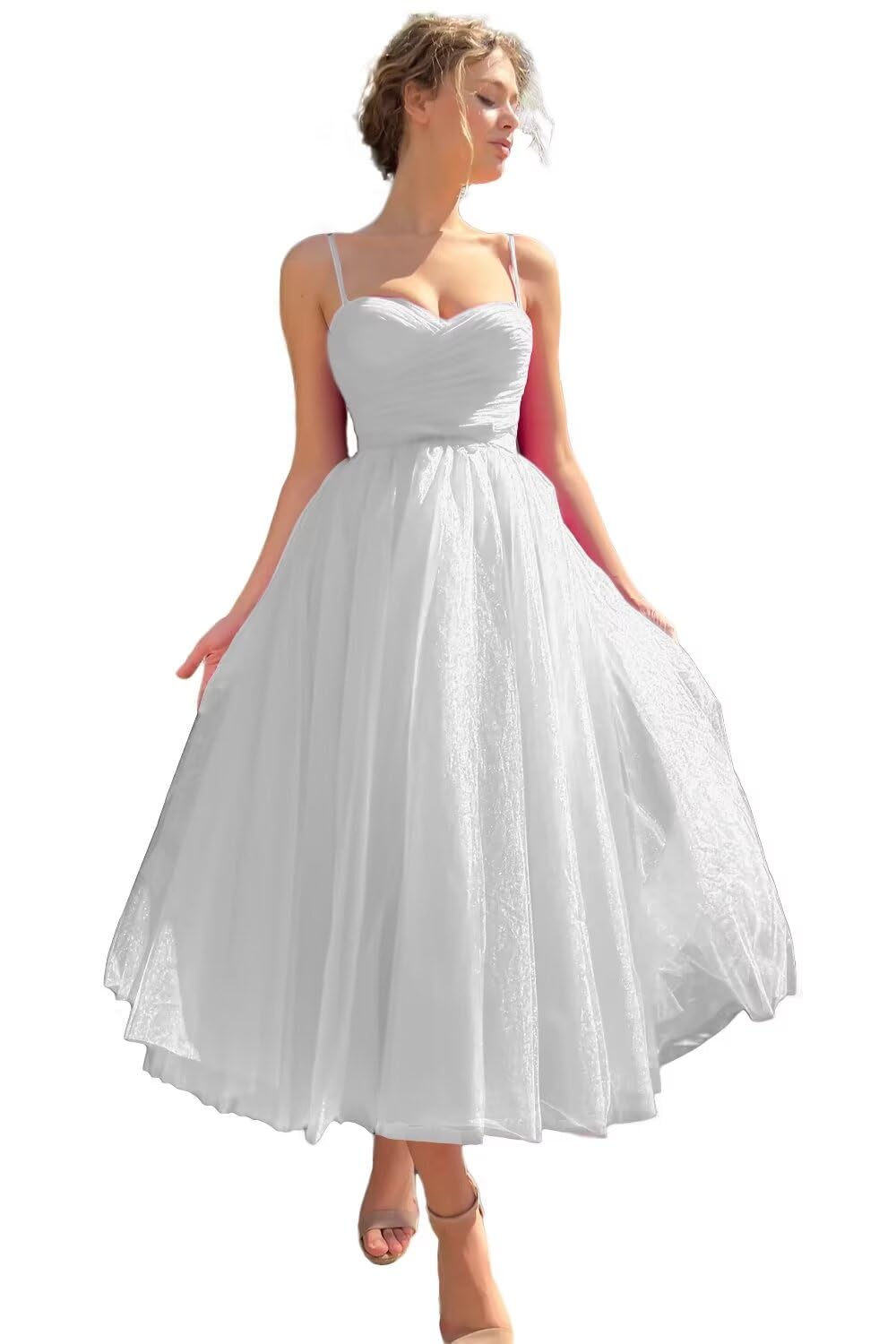 Sevintage Spaghetti Straps Tulle Prom Dress Tea Length Formal Party Evening Dress with Pockets