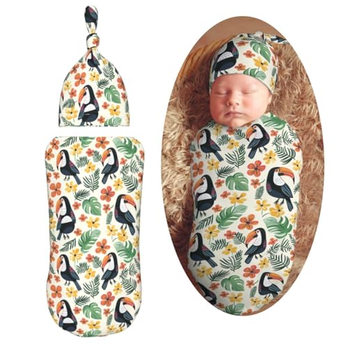 Image of Tropical Cute Toucans Newborn Swaddle Blankets Hat Sets Soft Baby Receiving Blanket Swaddle Sack for Baby Shower Infant Boy Girl Gift