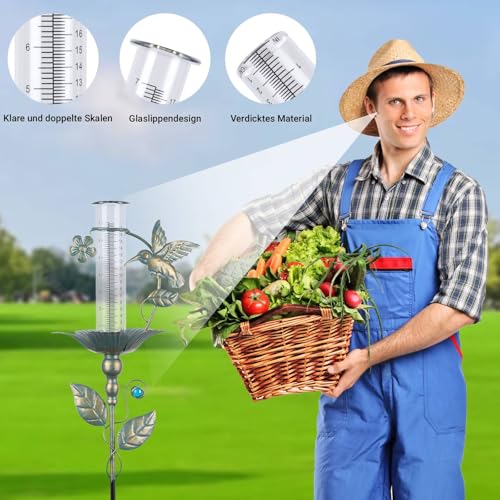 pearlstar Regenmesser für Garten, Kolibri Regenmesser frostsicher, Niederschlagsmesser mit Metall-Erdspieß, Gartenzubehör für Rasen, Terrasse, Geschenk für Gartenliebhaber