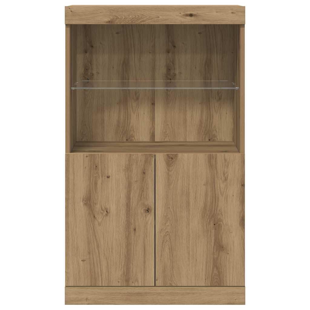 Deskorolka LED brązowa z materiału drewnopochodnego 60 x 37 x 100 cm z paskami LED RGB, drzwiczkami na płaszczyźnie, szklane regały, idealna jako kredens, szafka do jadalni i salonu