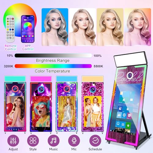 Image of Magic Mirror Photo Booth with Camera and Printer 65'' Mirror Photo Booth with 43'' Interactive Touch Screen Built-in Mini PC with Instant Print Rental Wedding Party (Black+Camera+Printer, 65-43in)