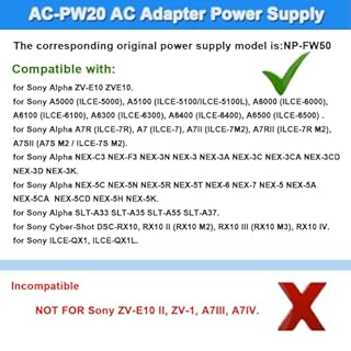 TKDY NP-FW50 ZV-E10 Dummy Battery, AC-PW20 Continuous Power Supply Adapter Kit, Compatible for Sony Alpha ZVE10 A6400 A6000 A6100 A5100 A7 A7II Cameras.