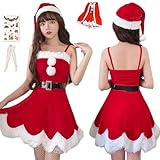 [Diki Home] サンタ クリスマス コスプレ レディース サンタクロース風 マント/ポンチョ付き 可愛い サンタコス 衣装 豪華セット（白い網タイツ・クリスマスシール付き） 演出服 イベント パーティー 舞台 新年会 文化祭 パーティー用 (5点セット, L)