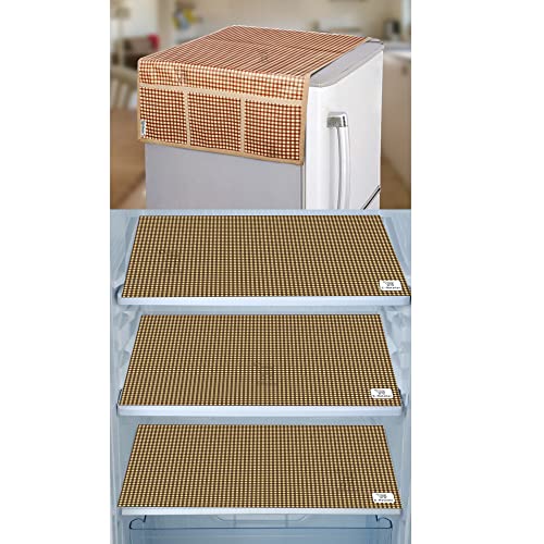 Image of PVC Waterproof 3-Layered Fridge Top Cover /Refrigerator Cover With Utility Pockets and Set of 3 Pc Fridge Mats (Colour-Brown, Size-39x21 Inches)