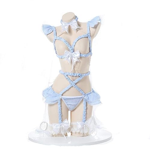 JasmyGirls Sexy Cosplay Lingerie Set Kawaii Anime Lolita Underwear Roleplay Outfit with Choker Garter Belt - Blue - X-Small - Medium