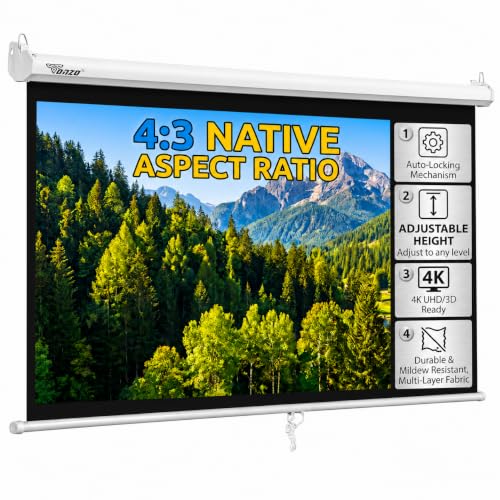 Image of TONZO 84-Inch Manual Projector Screen, 4:3 HD Aspect Ratio, Auto-Lock /Instalock System, Matte White Fabric, Wall Mount, for Home Theater, Office & Classroom (4Ft Height x 6Ft Width)