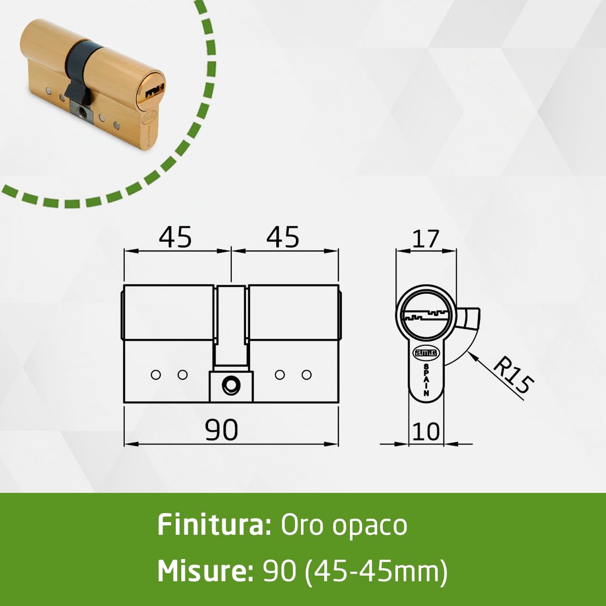 Amig - Cilindro di sicurezza - Serratura per porte - Antigrimaldello e Antibumping - Cilindro Antiestrazione e Antirottura - Include 5 chiavi - Oro opaco - Misure: 90 (45-45) mm