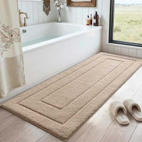 DEXI Bathroom Rug 60x24, Non Slip Washable Bath Mat Runner for Shower Floor, Extra Long Absorbent Soft Bathmat with Rubber Backing, Quick Dry Microfiber Carpet, Beige