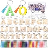 Tondiamo 52 Pcs Personalized Letter Keychain Wood Engraving Blanks Keyring Name Keychain with Tassel Container for DIY Craft