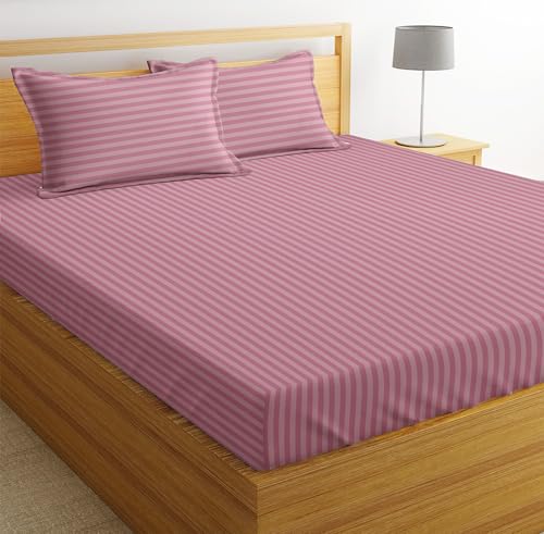 Image of Bsb Home Premium Cotton Solid /Stripe King Bedsheet with 2 King Size Pillow Covers | Double Bed with 210 Tc Pure Cotton | Size - King Size 90X100 Inches - Onion - Multicolor