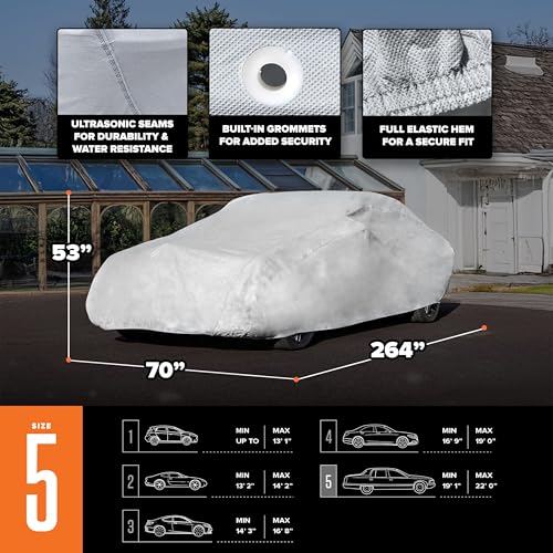 Image of Budge Ultra Duro Car Cover, 3-Layer UV & Water Resistant Outdoor Protection, Fits Cars up to 264 inch, Gray, Size D-5