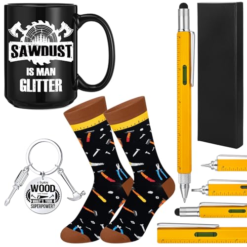 Panitay 4 Pcs Woodworking Gifts Set for Men 9 in 1 Multi Tool Pen 14 oz Woodworker Coffee Mug Keychain Sock Gadget Birthday Retirement Fathers Gift for Wood Working Carpenter Handyman