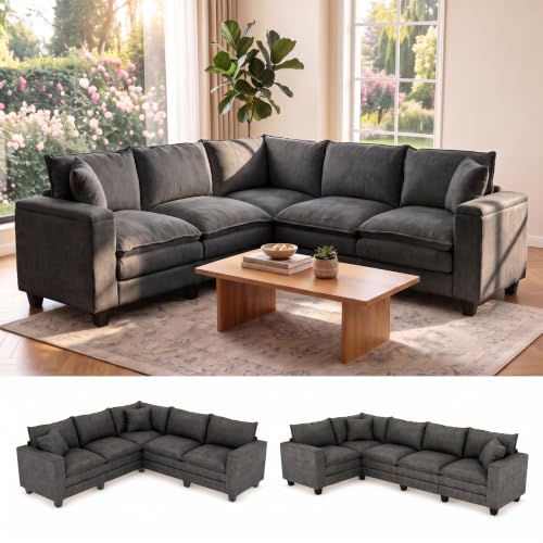 Image of 97 inch V Shaped 5 Seat Sectional Couch, Comfy Chenille Upholstered Modular Cloud Sofa, Convertible L Shaped Corner Couch with Storage Armrests & 2 Pillows, Sectional Couches for Living Room, Grey