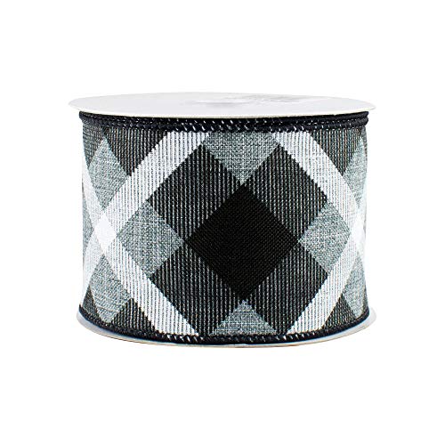 Image of Grey Black White Plaid Ribbon - 2 1 /2 inch x 10 Yards, Christmas Decorations, Decor for Wreaths, Garlands, Bows, Winter, Boxing Day, Fundraiser, School Dance
