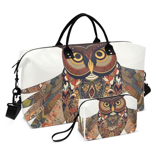 Large Travel Duffel Bag, Owl Ethnic White Sports Tote Gym Bag, Shoulder Weekender Overnight Bag for Women Men, Carry On Luggage with Toiletry Bags