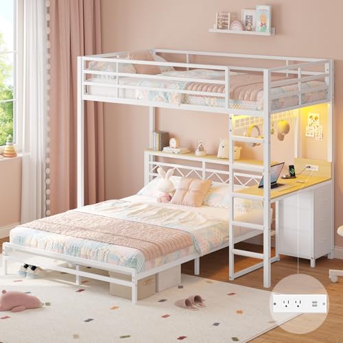 Twin Over Full Size Bunk Bed with Desk, 4 Storage