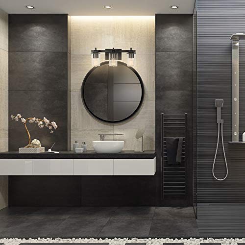 Image of Globe Electric 51634 Dakota 5-Piece All-in-One Bathroom Set 3 Vanity Light with Seeded Glass Shades, Bar, Toilet Paper Holder, Towel Ring, Robe Hook, Matte Black