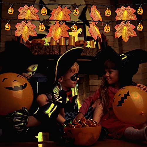 Solar Pumpkin Maple Leaf String Lights Outdoor, 20 LED 16ft Fall Garland with Lights Waterproof Pumpkin Lights for Thanksgiving Halloween Autumn Harvest Festival Outdoor Garden Party Decor(5m20led)