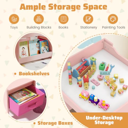 Image of GLACER Kids Table and Chairs, 3 in 1 Craft Table with Storage, Detachable Tabletop, Removable Blackboard for Children Drawing, Reading, Toddler Table and Chair Set for Playroom (White + Pink)