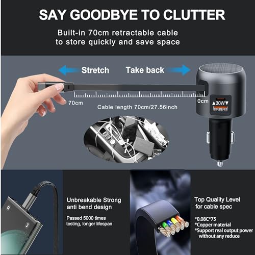 Image of 60W Retractable Car Charger, 3-Port USB-C Car Charger Adapter with Built-in Retractable Cable, Fast Charging Cigarette Lighter Adapter for iPhone 16 /15, Galaxy S25 /S24, Pixel, iPad(Black)