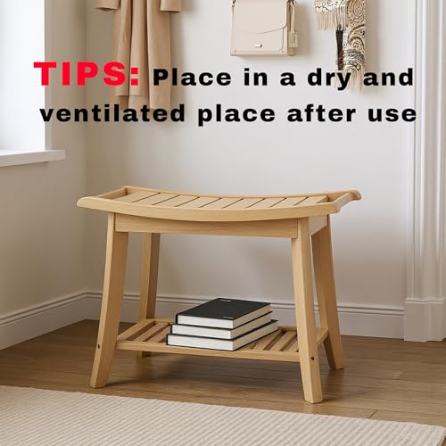 Image of Bamboo Shower Bench Stool,24 inch Shower Chair Seat Non-Slip,Waterproof Bathroom Bench with Storage Shelf for Adults,Elderly, Disabled Indoor&Outdoor Use (Natural)