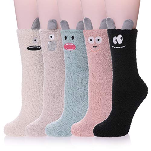 Womens Fuzzy Slipper Socks Animal Soft Warm Cute Microfiber Cozy Fluffy Winter Christmas Socks?5 Pairs Cartoon A?