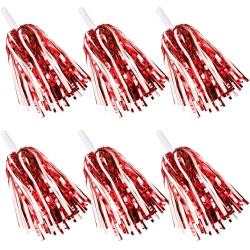 6 Pcs Red White Cheerleading Pom Poms - School Spirit Shakers Metallic Foil Cheering Pompoms Cheer Pom with Baton Handle Plastic Squad for Adults Team Spirit Sports Party Cheering (6 Red White)