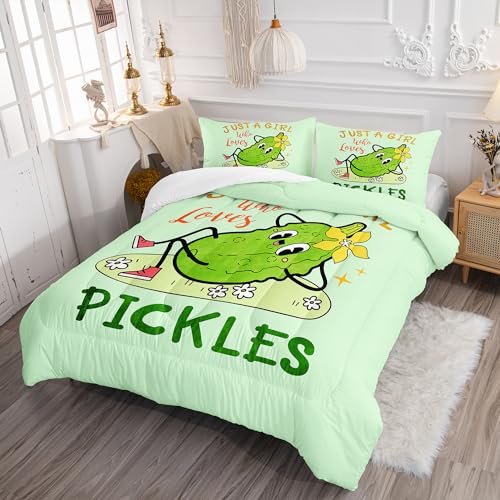 Image of AILONEN Pickle Comforter Set Twin Size, Cartoon Vegetable Printed Bedding Set,Just A Girl Who Loves Pickles Comforter Sets for Girls Kids,Cute Cucumber Pattern Duvet Set 3Pc,1 Quilt and 2 Pillowcases