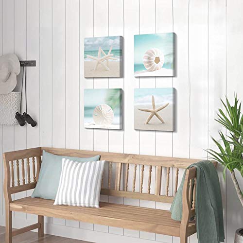 Beach Starfish Picture Wall Art: Seashell on Sand Artwork Painting Print on Canvas for Bedroom (16" W x 16" H x 4 PCS,Multi-Sized) - Image 4