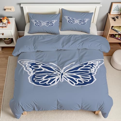Housse de couette 220x240 bleu papillon avec 2 taies d'oreiller Kg863