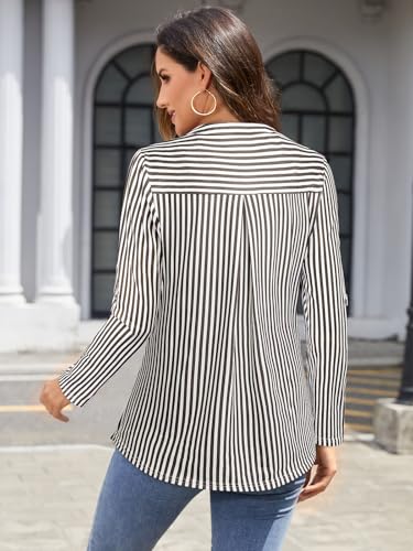 Image of Bulotus 3 /4 Length Sleeve Womens Striped Tops Zipper V Neck Collared Blouses Business Casual Tunics 2026 Spring Trendy
