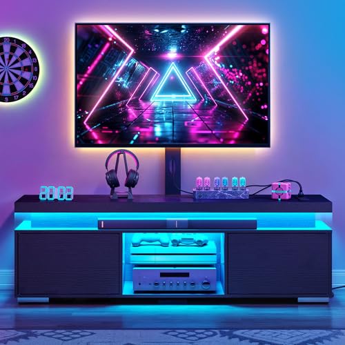 YITAHOME Black TV Stand for Living Room with Height Adjustable Mount, Modern TV Stand for 70/65 Inch TV, LED Entertainment Center with Storage, Media Console Cabinet, Black Black with mount&