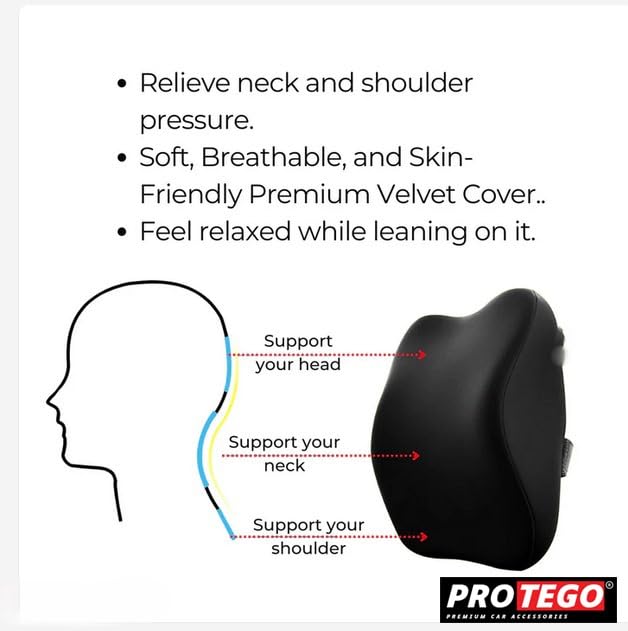 Image of PROTEGO Universal Memory Foam Car Neck Rest Pillow with Washable Velvet Cover | Relieves Neck Pain | Ergonomic Support Orthopedic Cushion Ultra Soft| for All Hatchback SUV Sedan Cars |Black (Medium)
