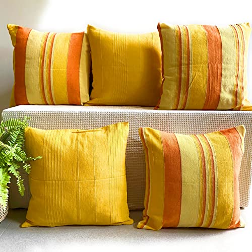Image of RANGBHAR Handloom Cotton Cushion Covers with Concealed Top Zip, Striped /Solid Cushion Covers for Living Room, 16 x 16 inch, Yellow, Pack of 5, 220 TC