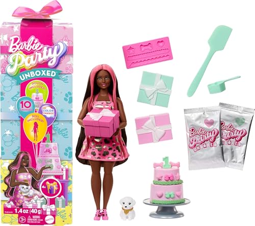 Barbie Festa Desembalada Série Aniversário de Animais de Estimação Corações Brilhantes Boneca e acessórios, conjunto com 10 surpresas, como mudança de cor e função de decoração de bolos, JFG71