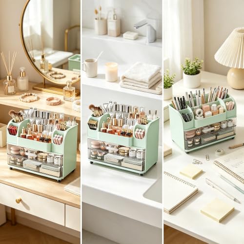 Image of Makeup Organizer with Drawers for Vanity,Bathroom Countertop Organizer with Brushes Holder,Skincare Storage Organizer for Lipsticks,Nail Polishes, Perfumes,Eyeshadow Palettes (Green)