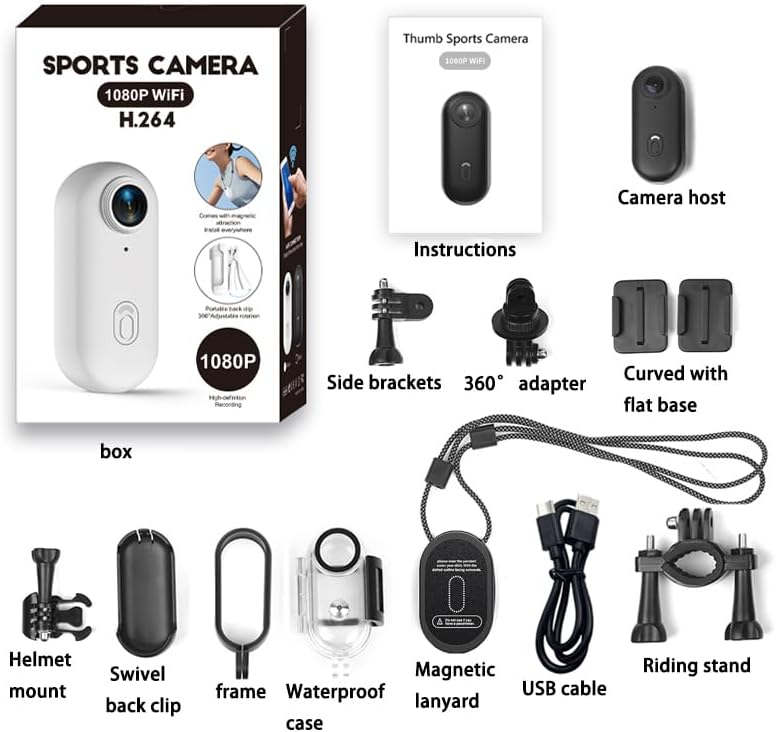 TKMARS Mini Thumb Action Camera package contents laid out