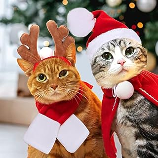 Kungfu Mall Cat Christmas Outfit Pet Christmas Costume Dog Christmas Outfit Cloak Santa Hat Scarf Antlers Hat Collar for Puppy Dog Cat 4PCS