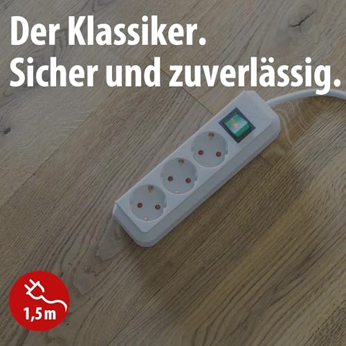 Brennenstuhl Eco-Line, Steckdosenleiste 3-Fach (Mehrfachsteckdose mit erhöhtem Berührungsschutz, Schalter und 1,5m Kabel) weiß
