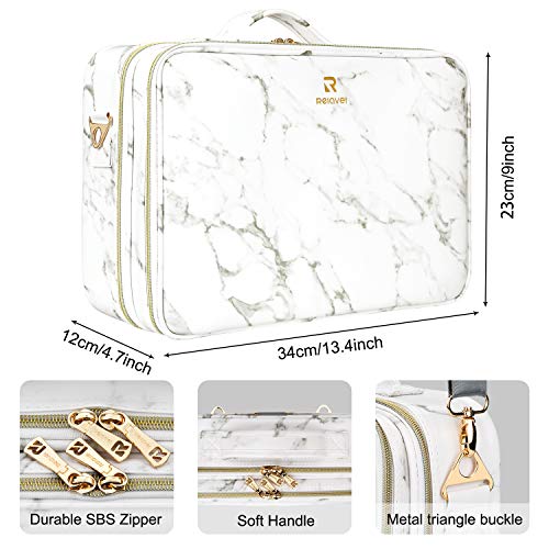 Relavel Makeup Bag Travel Makeup Train Case Large Cosmetic Case Professional Portable Makeup Brush Holder Organizer and Storage with Adjustable Dividers (Marble White)