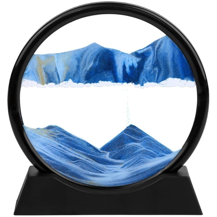 Flowing Sand Painting - 3D Natural Landscape Dynamic Art, Round Glass Deep Sea Sandscape for Home Ornament, Desktop Art, Bookshelves Decoration (Blue, 7 Inches)