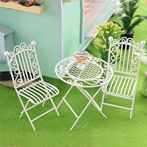 Metal Doll House Bistro Set, White Miniature Doll House Table and Chairs Set, 1/12 Scale Miniature Patio Set Fairy Garden Furniture Ornaments Micro Decor A