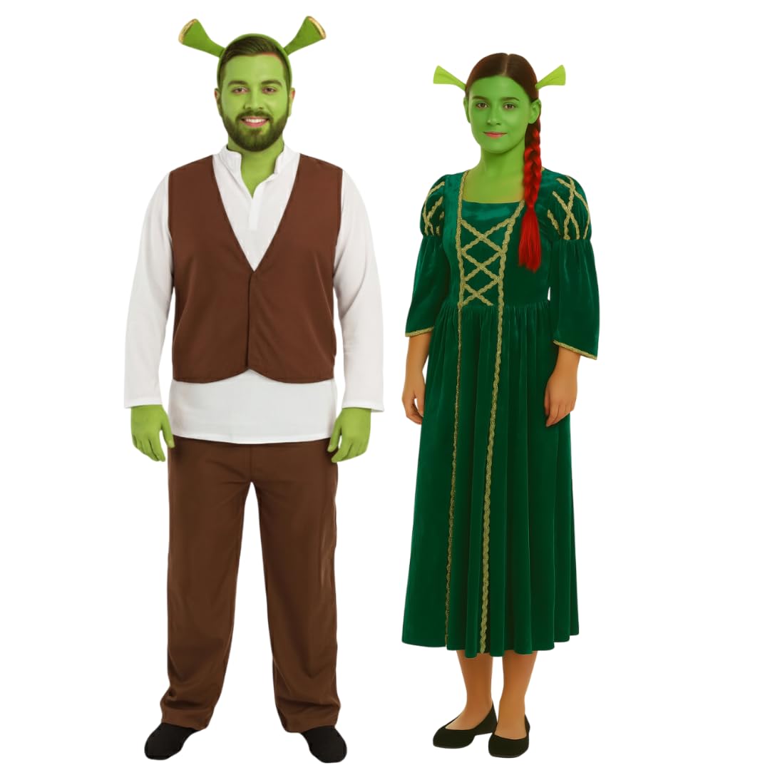 Costume da orco per coppie, da principessa con parrucca e orco, con orecchie Shrek e vernice verde per il viso, perfetto per Halloween, feste, cosplay ed eventi a tema
