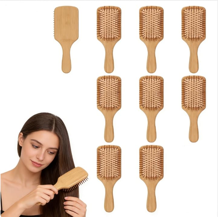 Packung mit 10 Stück Bambus Haarbürste mit Luftkissen für Kopfmassage Paddelbürste 25x8 5cm Entwirrbürste ohne Ziehen mit abgerundeten Noppen für Damen Herren