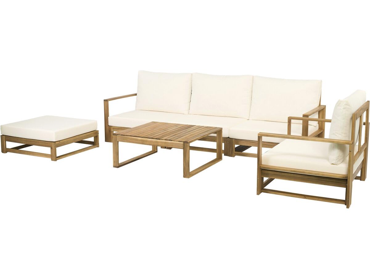 Salon de Jardin en Bois modulable avec Coussins Bellingham - 5 Places - Beige